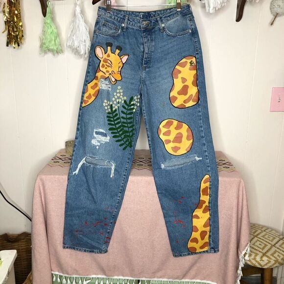 Giraffe Jeans Womens Printed Distressed Button Fly Boyfriend Jeans Blue Size 28 - Picture 1 of 7